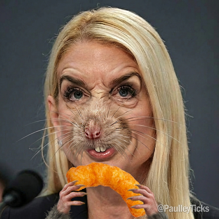Here's ole rat-face Pam Bondi telling the House Judiciary committee to never mind that Trump's a child r*pist, because "the Dow is over 50,000 right now, and that’s what we should be talking about!' - just so she can get fed some more Cheeto turds from the Pedo 'n Chief.