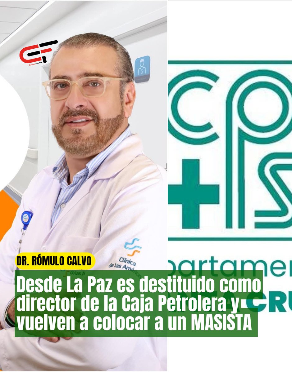 gamboafreddy25's tweet photo. #Ultimo
El Dr. #RomuloCalvo y ex líder cívico acaba de ser destituido como director de la Caja Petrolera de Salud - Santa Cruz de la Sierra y vuelven a restituir a un MASISTA en el cargo.
De manera sorpresiva y sin explicaciones hoy altas autoridades desde #LaPaz le hicieron llegar su memorándum de destitucion. #RomuloCalvo llevaba en el cargo a penas un mes, donde uno de su prinpal trabajo que estaba realizando era limpiar la corrupción y hacer una reestructuracion del personal.
Hace unos días atrás como director de la Caja Petrolera de Salud había firmado un convenio interinstitucional con la Fiscalia departamental para iniciar unas auditorías e investigaciones por denuncias de corrupción, ventas de fichas y malversaciones de fondos públicos, con el objetivo de desmantelar los clanes al interior de esta institución.
Al parecer esta situación incómodo a muchos dentro de la institución lo que derivó ahora en su destitucion. En este momento la MAE nacional interina de esta institución #TaniaAvilez es la que dio luz verde a la destitucion del Dr. Calvo y volvió a colocar al Dr. #JoséLuisValverde un tipo que estuvo durante toda la gestión del gobierno del MAS.
¿Qué es lo que está pasando aquí? ¿No que íbamos a limpiar nuestras instituciones de los MASISTAS CORRUPTOS??
#Justicia #SantaCruz #Bolivia