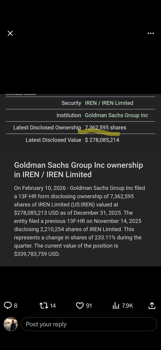 JoshInvestsAI's tweet image. This is both Goldman Sachs and JPMorgan telling you to sell $IREN because it’s overvalued due to Bitcoin mining metrics and financing concerns while they give out 3.6B in financing and accumulate 200% and 100% Q/Q respectively. $IREN just so happens to get included in the MSCI…