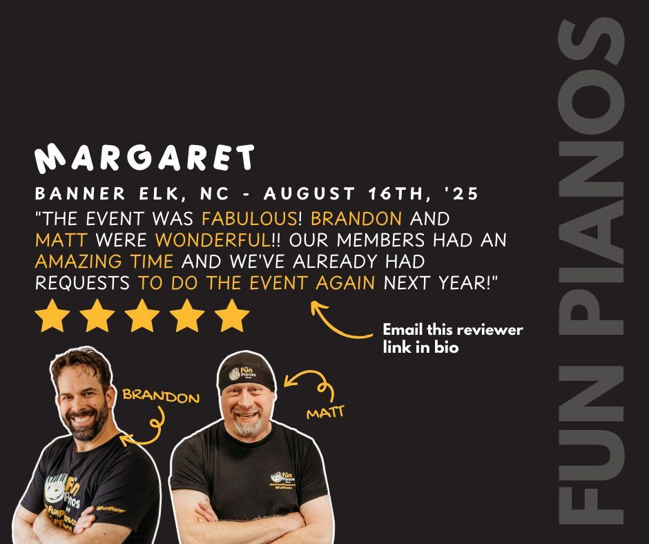 FunPianos's tweet photo. Thank you, Margaret for this review! 

“Fabulous night! Brandon and Matt were wonderful, our members had an amazing time — and we’re already getting requests to do it again next year!” ⭐🎹

🎹 Fun Pianos
📍 Banner Elk, NC https://t.co/NJc4pKIHLt
