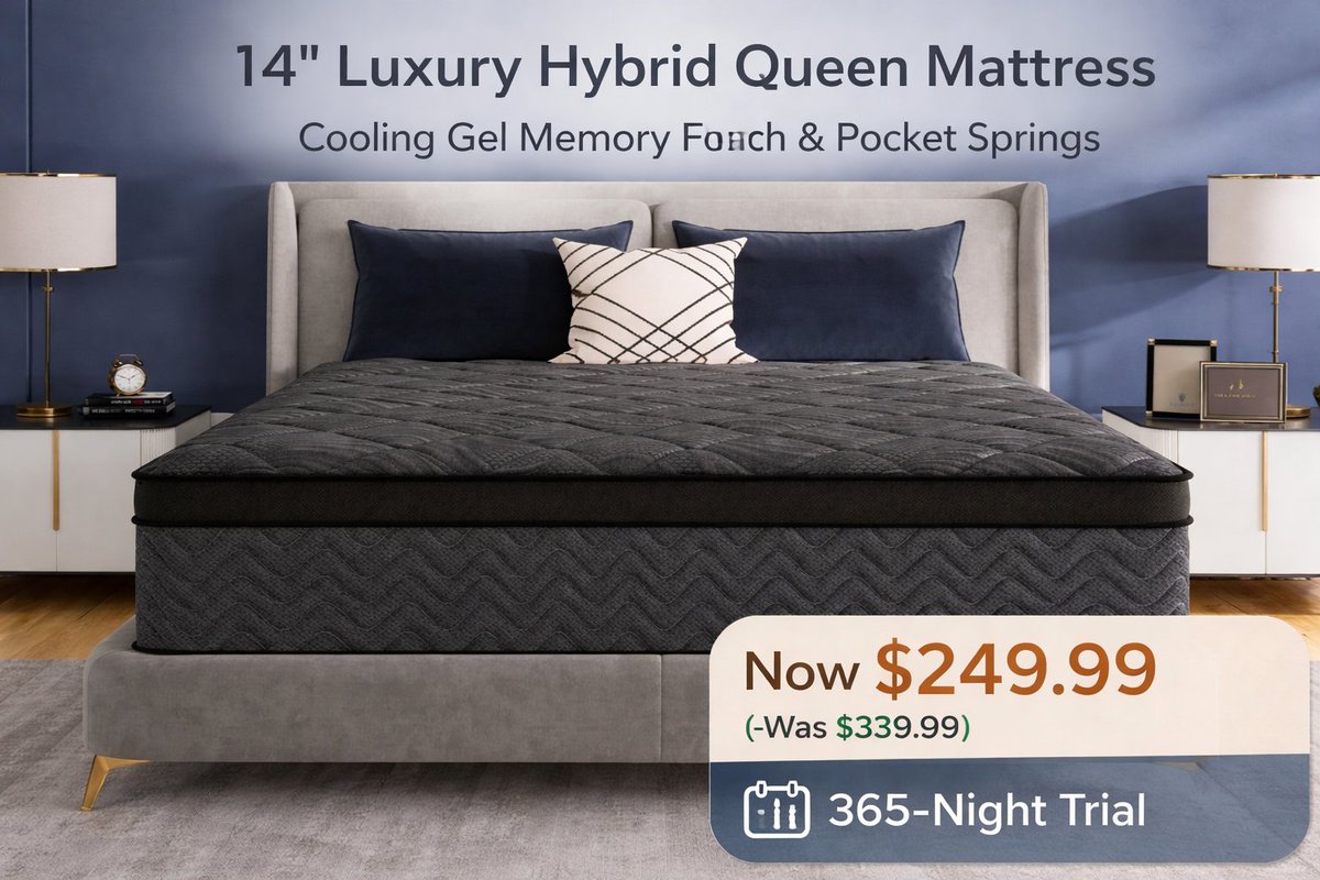 Looking for a thicker, more supportive hybrid mattress?

This 14-Inch Luxury Hybrid Queen Mattress offers cooling gel memory foam, pocket spring support, and double reinforcement — all with a 365-night trial.

✨ Supportive • Cooling • Risk-Free
💲 Limited time: $249.99 (26%