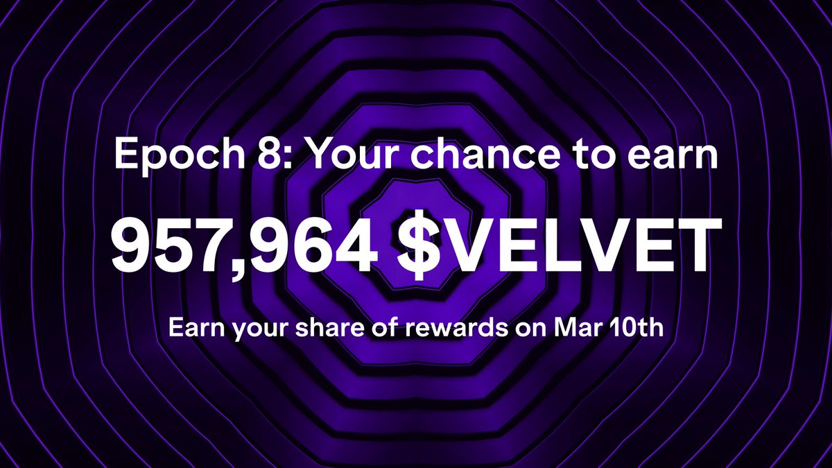Velvet users just got 968,305 $VELVET in rewards... and now it's time for Epoch 8 where another 957,964 $VELVET will be rewarded based on Gem Rankings