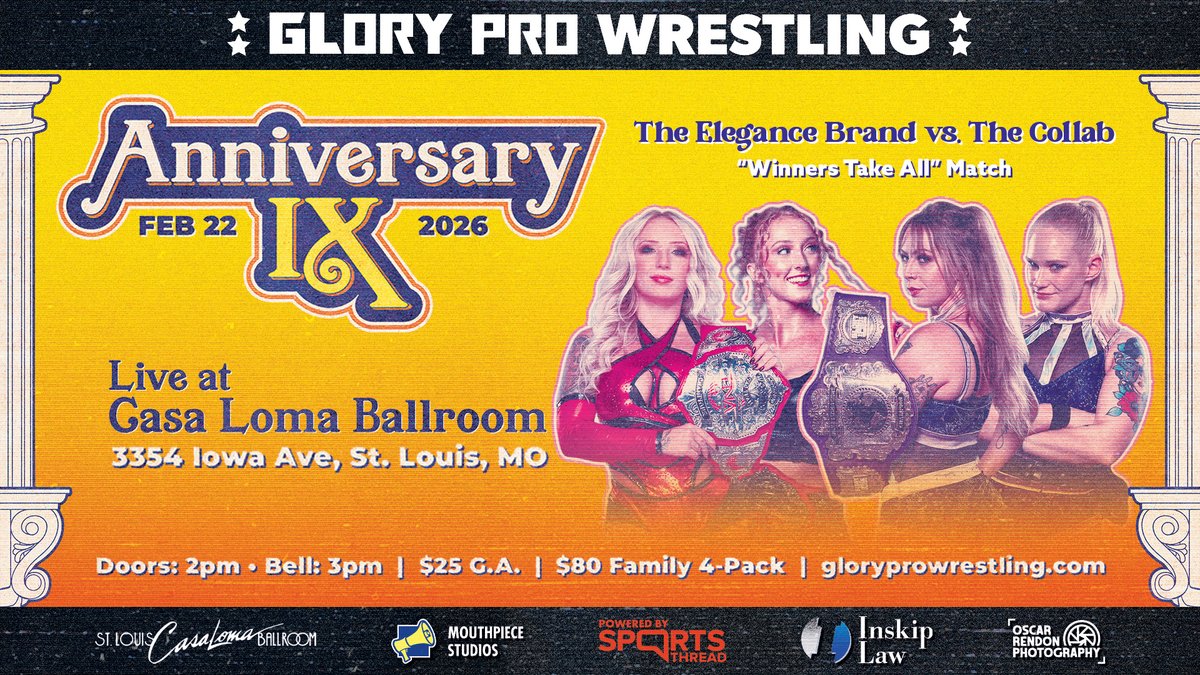 High stakes dream match at Anniversary IX 🎇

<a href="/justmaggielee/">m by elegance🥂💖💫</a> and <a href="/Heathereckless/">Heather by Elegance 💋</a> put up their <a href="/ThisIsTNA/">TNA Wrestling</a> Knockouts World Tag Team Titles against <a href="/LaynieLuck/">Laynie✨WWE ID WOMENS CHAMPION</a>'s Women's World Crown teaming with <a href="/Shazza_McKenzie/">Shazza McKenzie / シャザ マッケンジー</a> 

Sunday Feb 22 | 3pm

Tickets on sale NOW