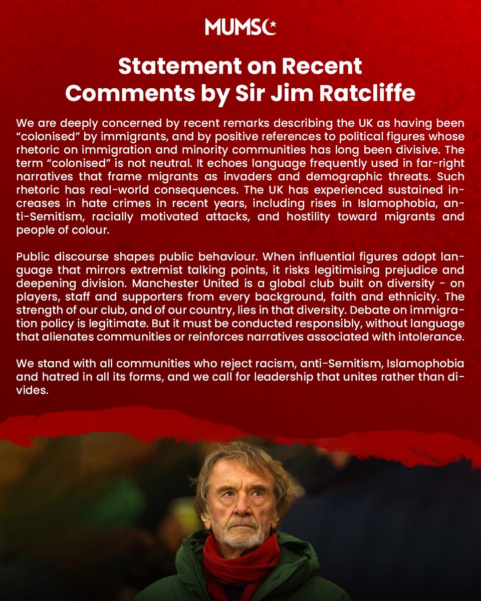 🚨 MUMSC statement regarding recent comments by Sir Jim Ratcliffe.

Read below.