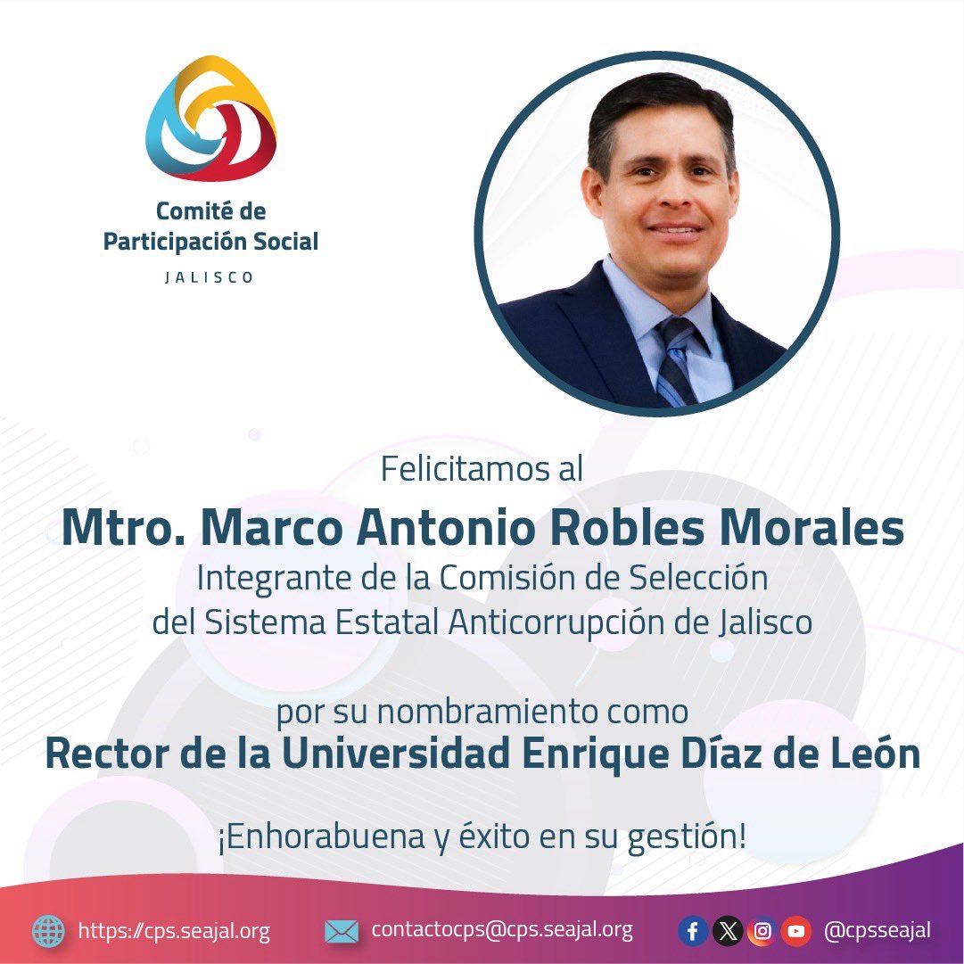 cpsseajal's tweet photo. 🙌🏼Desde el @cpsseajal del @SEAJalisco felicitamos al Mtro. Marco Antonio Robles Morales por su nombramiento como Rector de la Universidad Enrique Díaz de León. @UnedlU.

¡Enhorabuena y le deseamos éxito en su gestión! https://t.co/Muw8TmVVAY