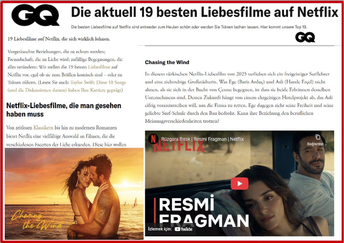UliEzo's tweet image. GQ Almanya dergisi "Die aktuell 19 besten Liebesfilme auf Netflix" başlığı ile Netflix'teki şu anda en iyi 19 romantik filmi okuyucuları ile paylaştı.Listede Türkiye'den sadece #HandeErçel ve #BarışArduç'un baş rollerini paylaştığı #RüzgaraBırak (#ChasingTheWind) filmi yer alıyor