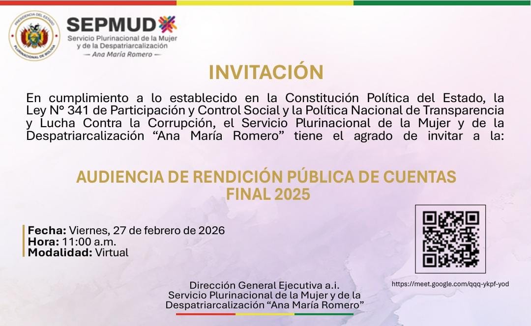 El SEPMUD tiene el agrado de invitar a la audiencia de Rendición Pública de Cuentas Final Gestión 2025, a desarrollarse en la modalidad virtual en fecha 27 de febrero de 2026 a horas 11 am. 
Escanea el QR Adjunto para acceder a la sala virtual. 
#sepmud #SiempreBolivia