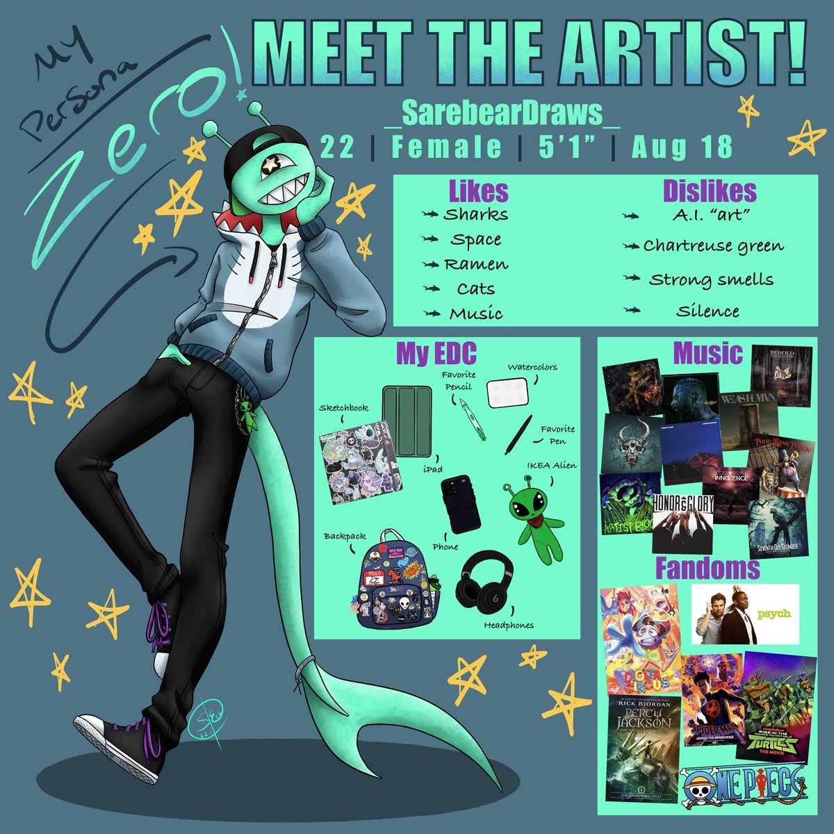 SarebearDraws's tweet photo. An official hello from me! 
I’m SarebearDraws! You can also call me Sare 😁
I love drawing OCs, fanart, and designing characters. I do digital and traditional art!

#MeetTheArtist #digitalart #shark #persona #procreate https://t.co/ynpAu4N2P1