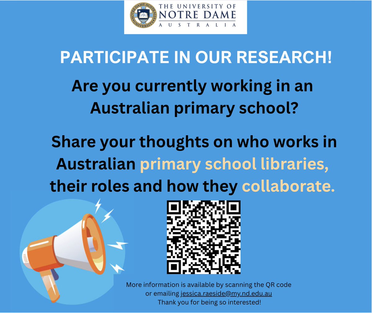 ⭐️ ⭐️ CALLING ALL classroom teachers, principals, teacher librarians and library staff currently working in Australian primary schools!! 📢 📢 ⭐️ ⭐️ To participate in our survey, scan the QR code or click here: notredame.qualtrics.com/jfe/form/SV_9v…  #SchoolLibrarians #Principals #research