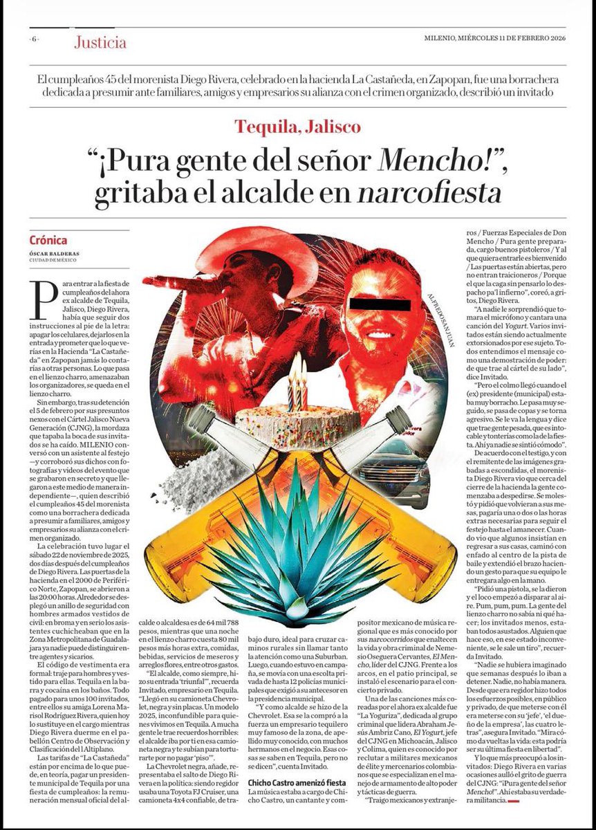 De lo que se entera uno.

La gente de López Obrador también es gente del señor Mencho.

Lean la crónica de Óscar Balderas sobre narcofiesta de cumpleaños del narcoalcalde de Tequila, Diego Rivera Navarro, recién detenido y sustituido por una narcocoloboradora.

Así de obsceno👇
