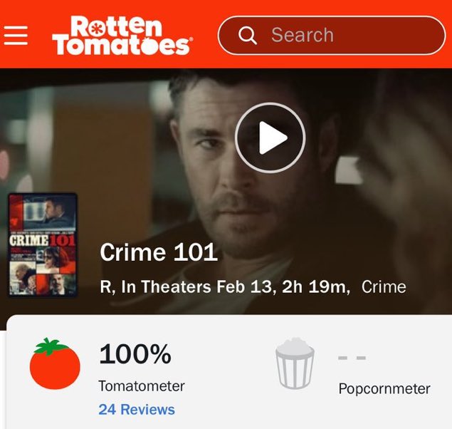 FilmDevotion's tweet photo. ‘Crime 101’ sits at 100% on Rotten Tomatoes from 24 reviews. https://t.co/4zlNNIDslU