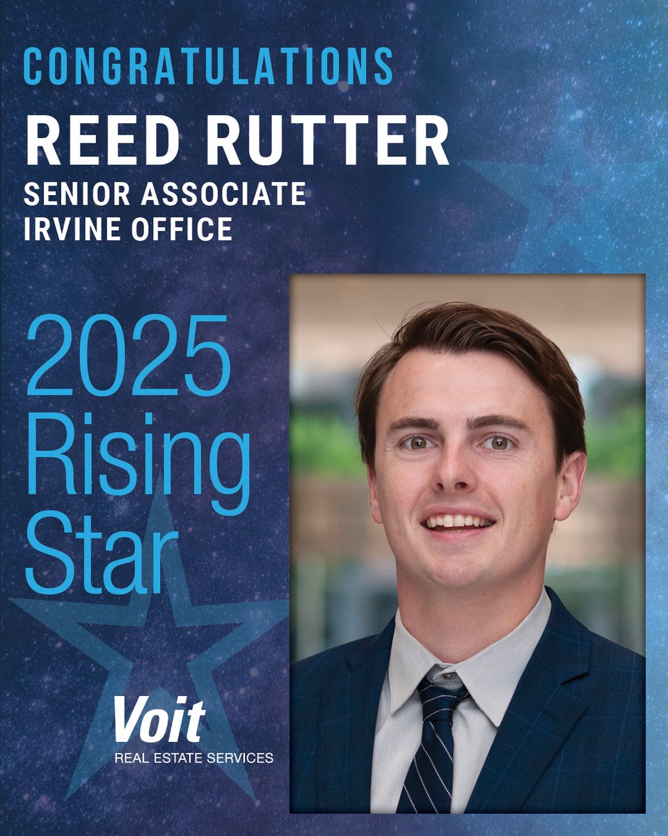 Voit Real Estate Services congratulates our Rising Star of 2025 – Reed Rutter of the Voit Irvine Office.

Reed joined Voit in 2022 as a junior member of the Zehner Hill Industrial Group. According to Eric Hinkelman, CEO, Reed made a lasting impression on him in a chance meeting a