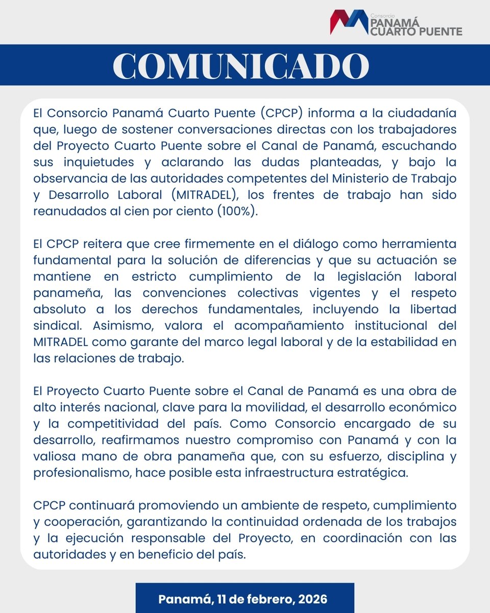 📣📣Comunicado del Consorcio Panamá Cuarto Puente