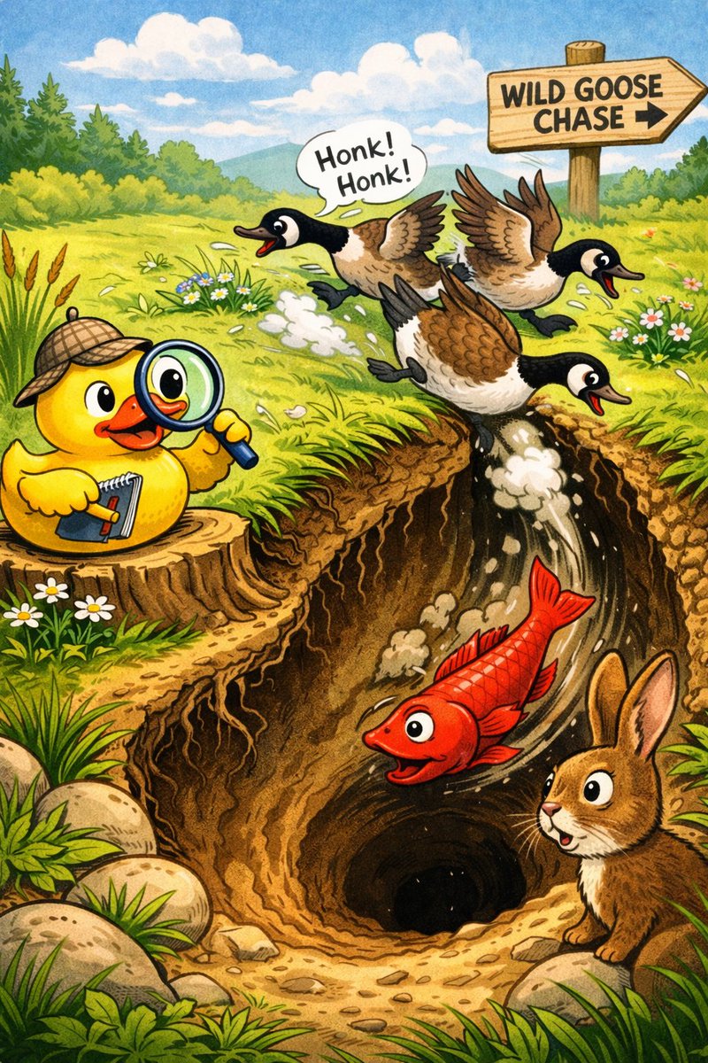 Rubber duck is debugging wild geese chasing a red herring down a rabbit hole. No oil. No canvas.