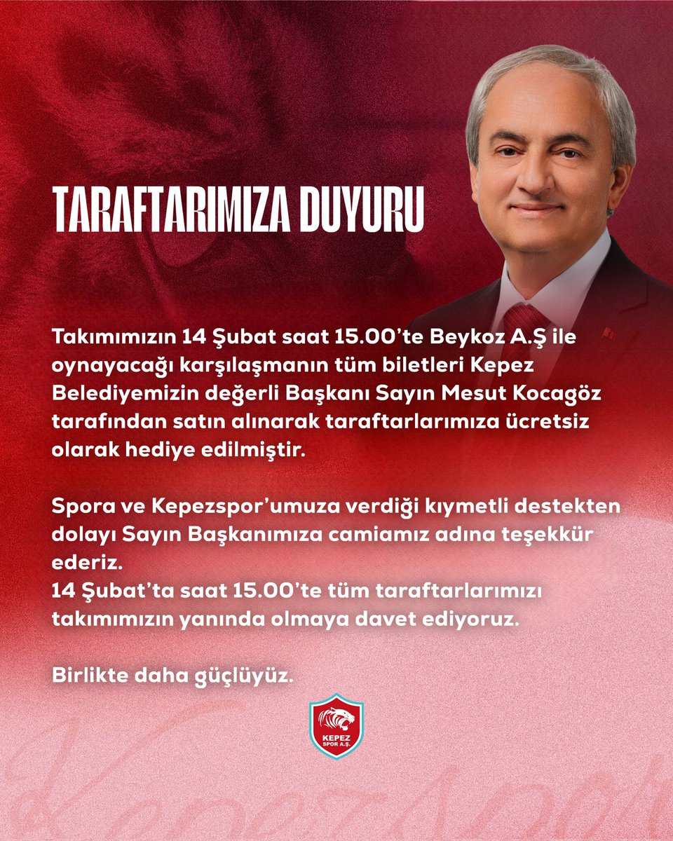 Takımımızın 14 Şubat saat 15.00’te Beykoz A.Ş ile oynayacağı karşılaşmanın tüm biletleri Kepez Belediyemizin değerli Başkanı Sayın Mesut Kocagöz tarafından satın alınarak taraftarlarımıza ücretsiz olarak hediye edilmiştir.