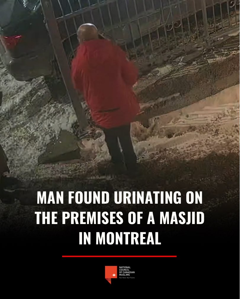 nccm's tweet photo. We are deeply concerned by an incident that took place outside a downtown Montreal mosque, where an individual urinated on the premises and, when confronted, proceeded to shout racial slurs.

As the SPVM works to identify and find the individual, we call for all potential motives behind this act targeting an Islamic centre to be thoroughly examined, including the possibility of a hate-motivated act.

At a time when incidents targeting Muslims and their places of worship are reaching alarming levels across the country, we urge elected officials to strongly condemn this act and take concrete action to address the rise in hatred and Islamophobia.