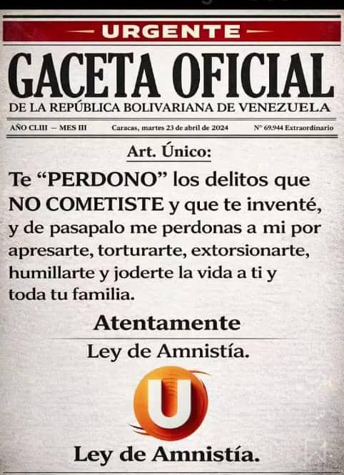 AndresVelasqz's tweet photo. Esto no es tolerable. 
Estos tiranos quieren ahora igualarnos en su represión criminal. No son iguales el torturado y el torturador o el perseguido y el perseguidor. Y según ellos la Amnistía es un acto de clemencia. Clemencia de qué. Aquí los que impusieron el terror, desde el Estado, fueron ustedes para mantenerse en el poder a sangre y fuego.
Su Ley de Amnistía será una estafa si busca la impunidad para los violadores de DDHH y perpetradores de delitos de lesa humanidad.