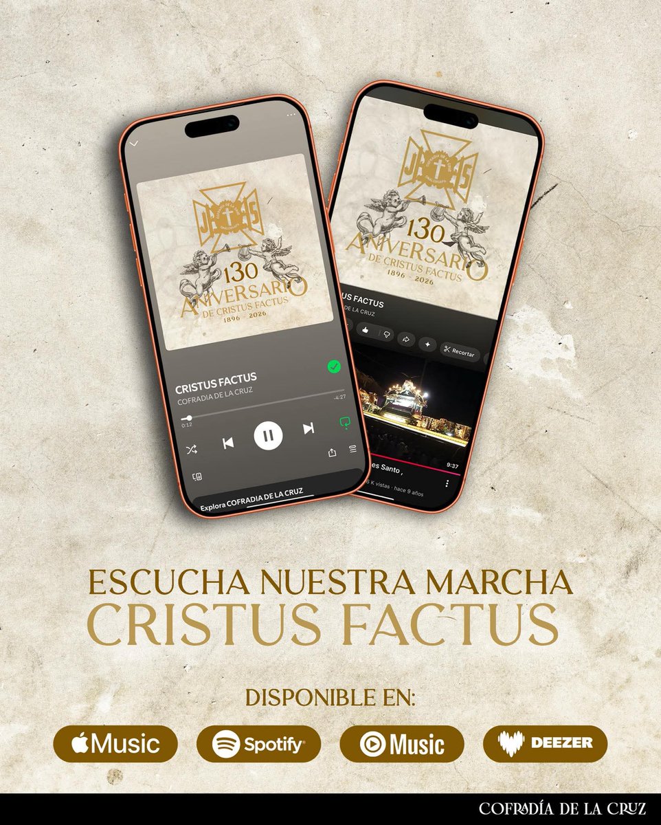 CofradiaCruz's tweet photo. ESTE DÍA SE HA PUESTO A LA DISPOSICIÓN EN TODAS LAS PLATAFORMAS DIGITALES, LA QUE AHORA ES SU MARCHA OFICIAL Y QUE CONSIGUE LLEVARNOS DEL DUELO A LA GLORIA ENTRE ARMONÍAS, COMPASES, SONIDOS Y SILENCIOS.

TODO TIENE TU HUELLA SEÑOR…

SEÑOR DE LA CRUZ, PROTÉGENOS.

#SeñordelaCruz https://t.co/tYzhKWVzZI