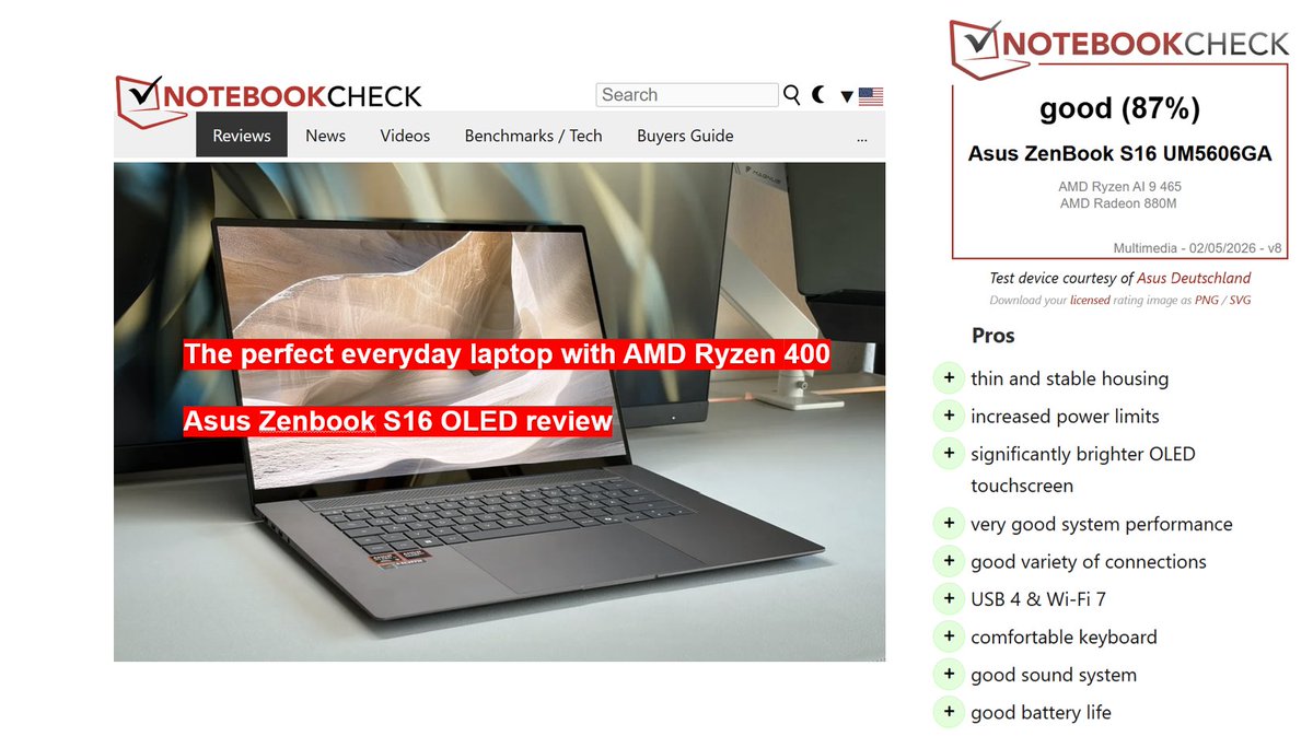 "an extremely stylish and high-quality everyday computer with good performance and long battery life." powered by <a href="/AMDRyzen/">AMD Ryzen</a> 

notebookcheck.net/The-perfect-ev…