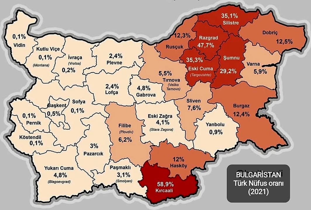 Bulgaristan'da, illere göre Türk Nüfusu oranı (%)