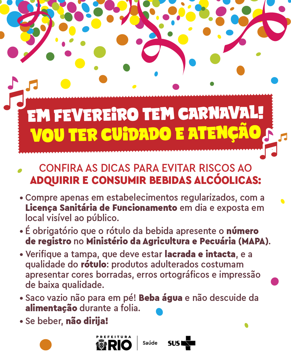 Carnaval e precaução andam juntos! 🫱🏻‍🫲🏾

A animação dos blocos não pode levar você para uma zona de perigo! Confira dicas para não passar perrengue com bebidas alcoólicas durante a folia. 🍾🎊

📌 Confira o registro do produto no MAPA: bit.ly/ConsultasSipea…

<a href="/Prefeitura_Rio/">Prefeitura do Rio</a>