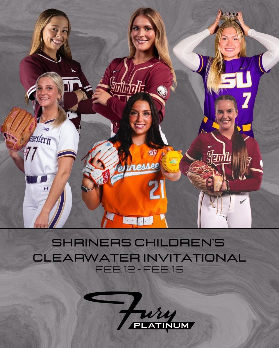 FuryPlatinum's tweet photo. The Shriners Clearwater Invitational starts TOMORROW (‼️) and SIX of our alumni are competing.👏👏

LSU – Ally Hutchins #1
FSU – Jazzy Francik #32
FSU – Bella Ruggiero #44
UTK – Kailey Plumlee #44
NWU – Kate Dowden #77  
Texas A&amp;M – Piper White #0

#PlatinumProud https://t.co/OXDh87X7c2