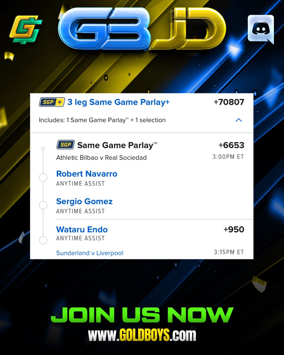 🚨MIDWEEK ASSISTS LOTTO!🚨

0.2u on each assist straight (Navarro +700, Gomez +800, Endo +950)

0.1u on each combo in a manual RRx2 (Navarro/Gomez +6653, Navarro/Endo +8300, Gomez/Endo +9350)

0.1u on the lotto itself

1u total (FanDuel)