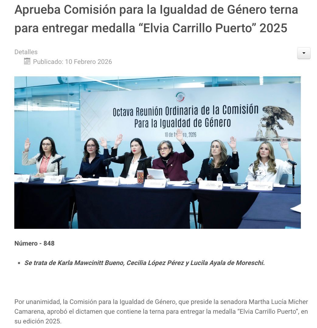 Felicitamos con orgullo a nuestra presidenta <a href="/KarlaMawcinitt/">Karla Mawcinitt</a> por su nominación a la medalla “Elvia Carrillo Puerto 2025”.

Su lucha incansable por los derechos de las #Mujeres y #Niñas inspira y transforma vidas.

¡Vamos por esa medalla🥇! 

surl.li/efnaja