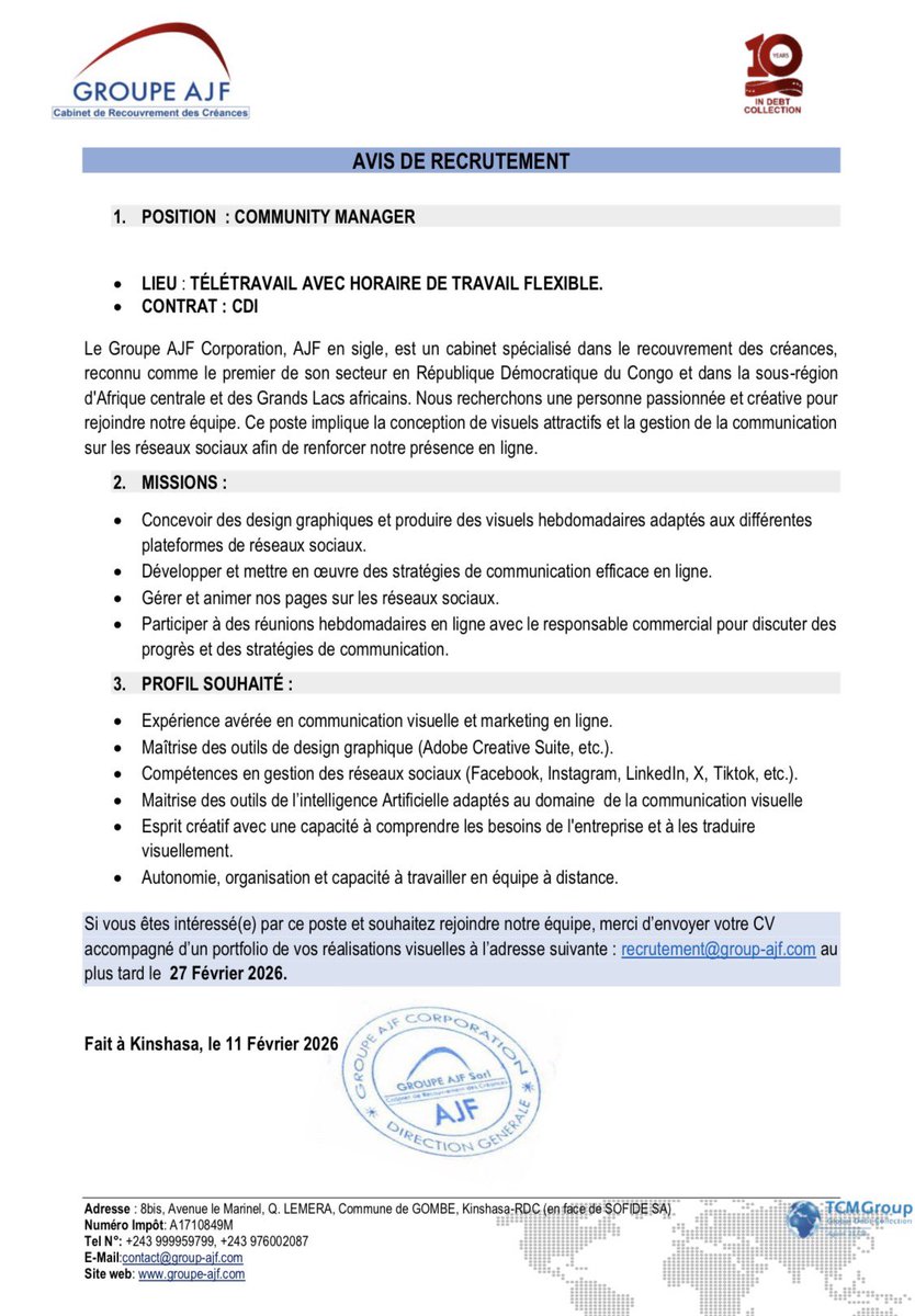 Nous recrutons un Community Manager.
Candidature à soumettre à recrutement@group-ajf.com au plus tard le 27 février 2025.

#opportunité #debtcollection #internationaldebtcollectionservice