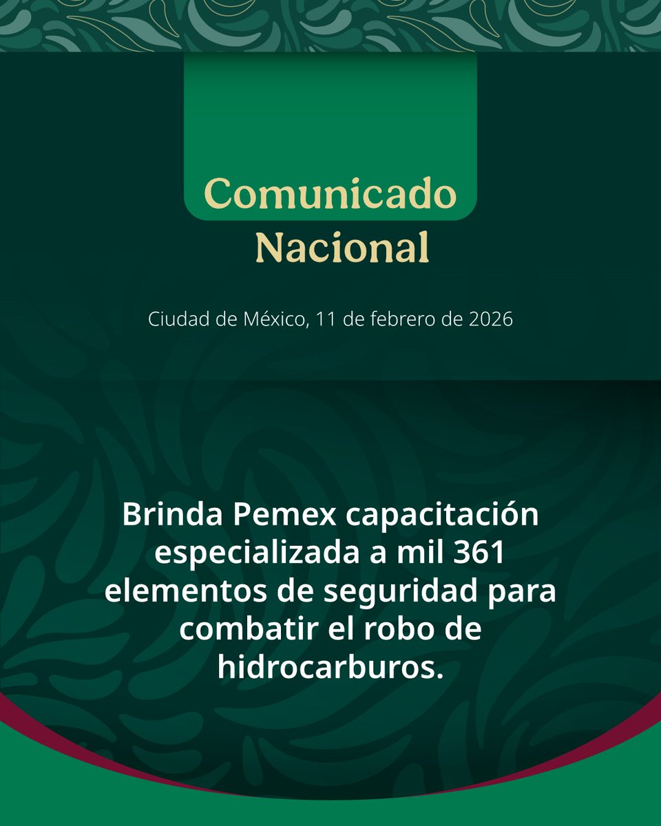 📍Brinda Pemex capacitación especializada a mil 361 elementos de seguridad para combatir el robo de hidrocarburos.

Comunicado nacional: pemex.com/saladeprensa/b…