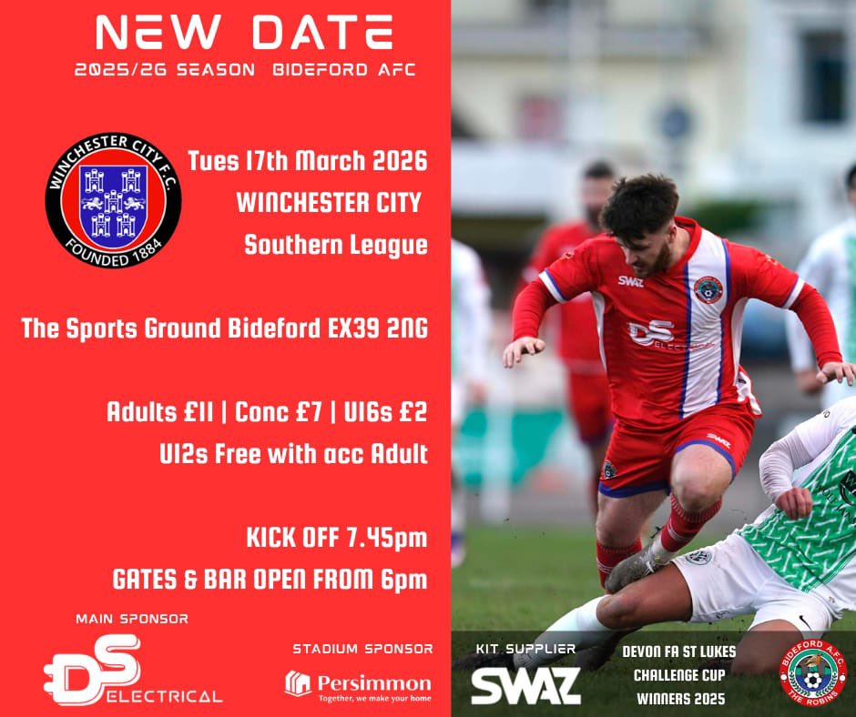 𝗙𝗶𝘅𝘁𝘂𝗿𝗲 𝗨𝗽𝗱𝗮𝘁𝗲 🗓️ 

Two dates for your diaries:

We head down to Falmouth Town on Tuesday 24th February, and host Winchester City on Tuesday 17th March. Both 7:45pm kick offs.

<a href="/swsportsnews/">South West Sports News</a> 

#ROBINS