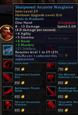 TrovyNel's tweet photo. Just learned from Trade chat that there's now an heirloom Warglaive you can buy in IF/Org at the Heirloom vendor. 

It's perfect for leveling a Devourer as it's the only heirloom usable by them with intellect as a base stat 💙 https://t.co/V3oQvFJmUd
