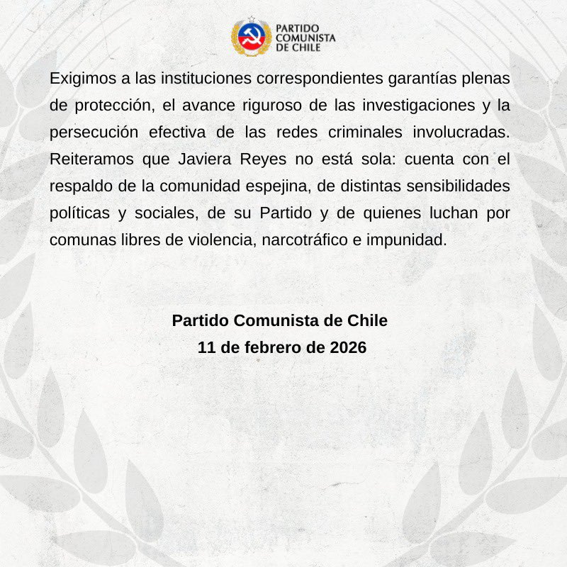 🚨Declaración pública del PC de Chile ante las graves amenazas hacia nuestra compañera alcaldesa de Lo Espejo, Javiera Reyes.