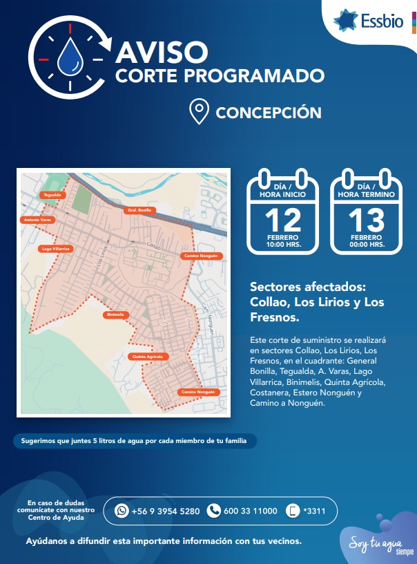 essbio's tweet photo. Informamos las direcciones de los 15 estanques móviles para abastecimiento alternativo en sector Collao, en #Concepción, por corte programado para este jueves 12 de febrero. https://t.co/63ZdJ0cahK