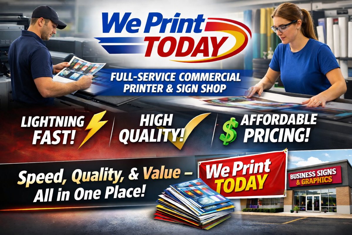 Weprinttoday's tweet photo. 🚀 Not Just Fast — We’re the COMPLETE Printing Solution!

When your business needs more than “quick copies,” you need a full-service commercial printer & sign shop that delivers:

⚡ Speed when you’re on a deadline
 🎯High-quality printing that makes you look professional
 💰Affordable pricing that respects your budget

From business cards, brochures, and booklets to banners, posters, and large-format graphics — We Print TODAYis your one-stop shop for Speed, Quality & Value — all in one place
.
Stop settling for average. Get it done right. Get it done TODAY.

📍 66 Summer St., Kingston (Next to the Post Office)
 📞1-800-WPT-FAST (978-3278)
 📧 info@weprinttoday.com
 📤Upload files: https://t.co/TzQMR8QB9z

#WePrintToday #CommercialPrinting #SignShop #PrintingServices #BusinessMarketing #HighQualityPrinting #AffordablePrinting #KingstonMA #SupportLocalBusiness