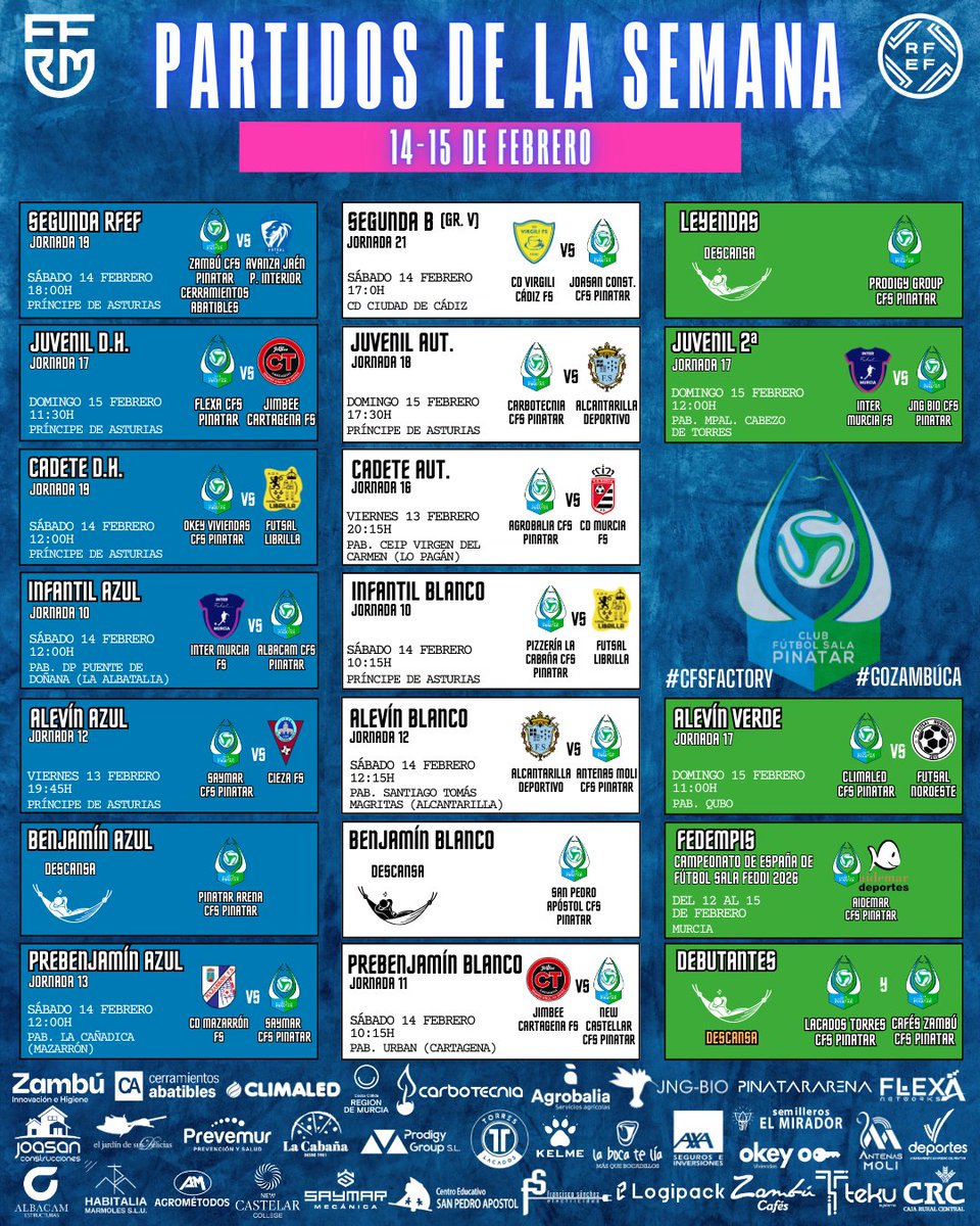CFS_Pinatar's tweet image. 🎭¿Carnaval? ¿San Valentín?💕
😜No sé de qué me habla, yo sólo quiero fútbol sala del bueno.

🖼️Este es el calendario de 𝐩𝐚𝐫𝐭𝐢𝐝𝐨𝐬 𝐝𝐞 𝐥𝐚 𝐬𝐞𝐦𝐚𝐧𝐚 para los equipos del club

#GOZambúCA #GOPinatar #CFSFactory💙💚