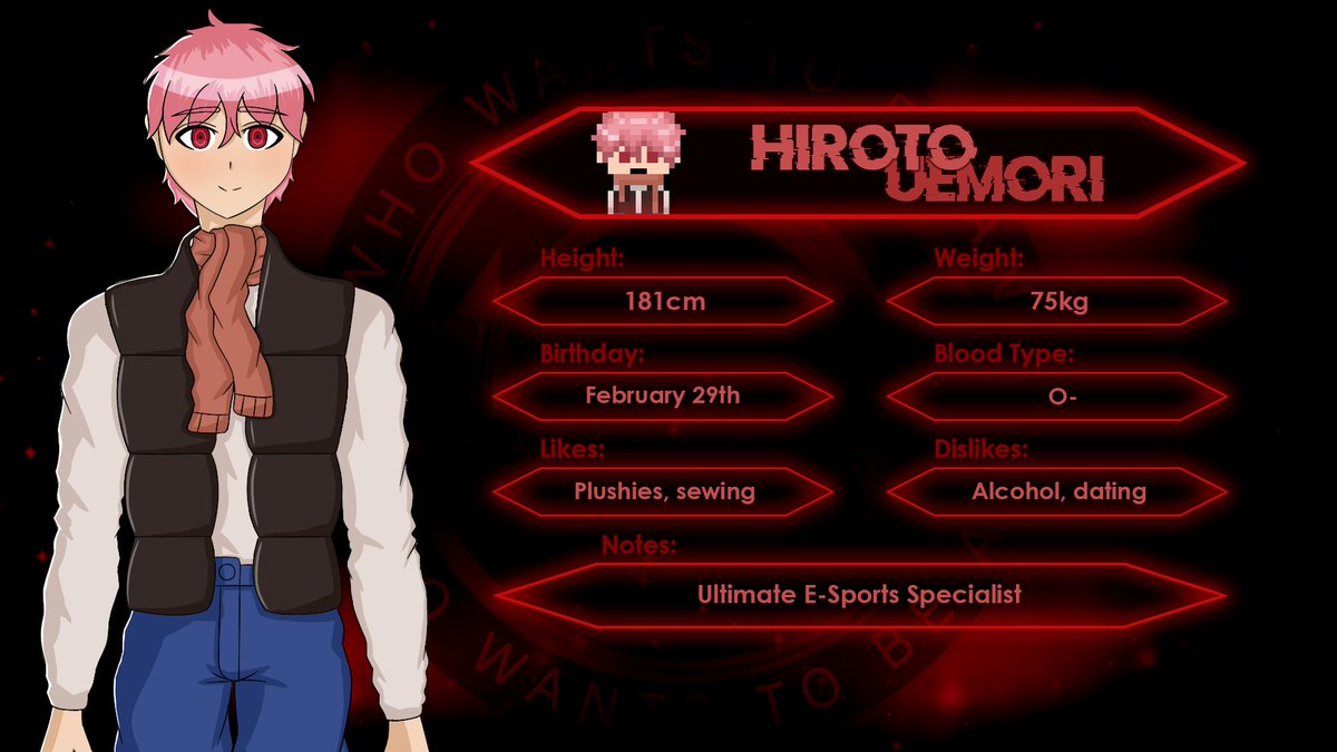 WWTBAU_Fangan's tweet image. We're happy to reintroduce you to Hiroto Uemori, the Ultimate E-Sports Specialist.  

Tune in to “Who Wants to Be an Ultimate?” to see if Hiroto Uemori is worthy of being an Ultimate!

#fanganronpa #fangan