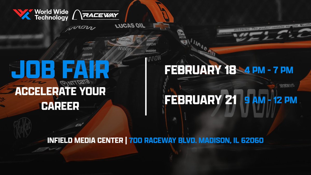 Don’t forget 🚨Our 2026 Job Fair is next week! Apply in person at the Infield Media Center.

🗓️ Feb. 18 | 4 PM –7 PM
🗓️ Feb. 21 | 9 AM–12 PM

📍 WWT Raceway - 700 Raceway Blvd. Madison, IL, 62060