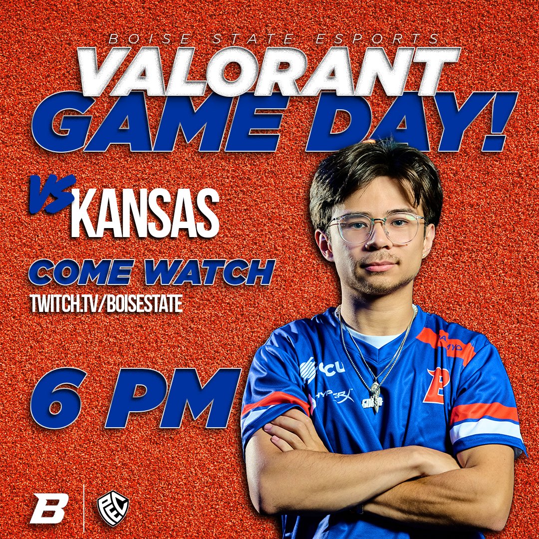BoiseStateVAL's tweet image. The Boise State Esports Valorant team faces off against Kansas tonight! 

Watch Live at 6PM MST on Twitch and Youtube! 
twitch.tv/boisestate
youtube.com/@BoiseStateEsp…