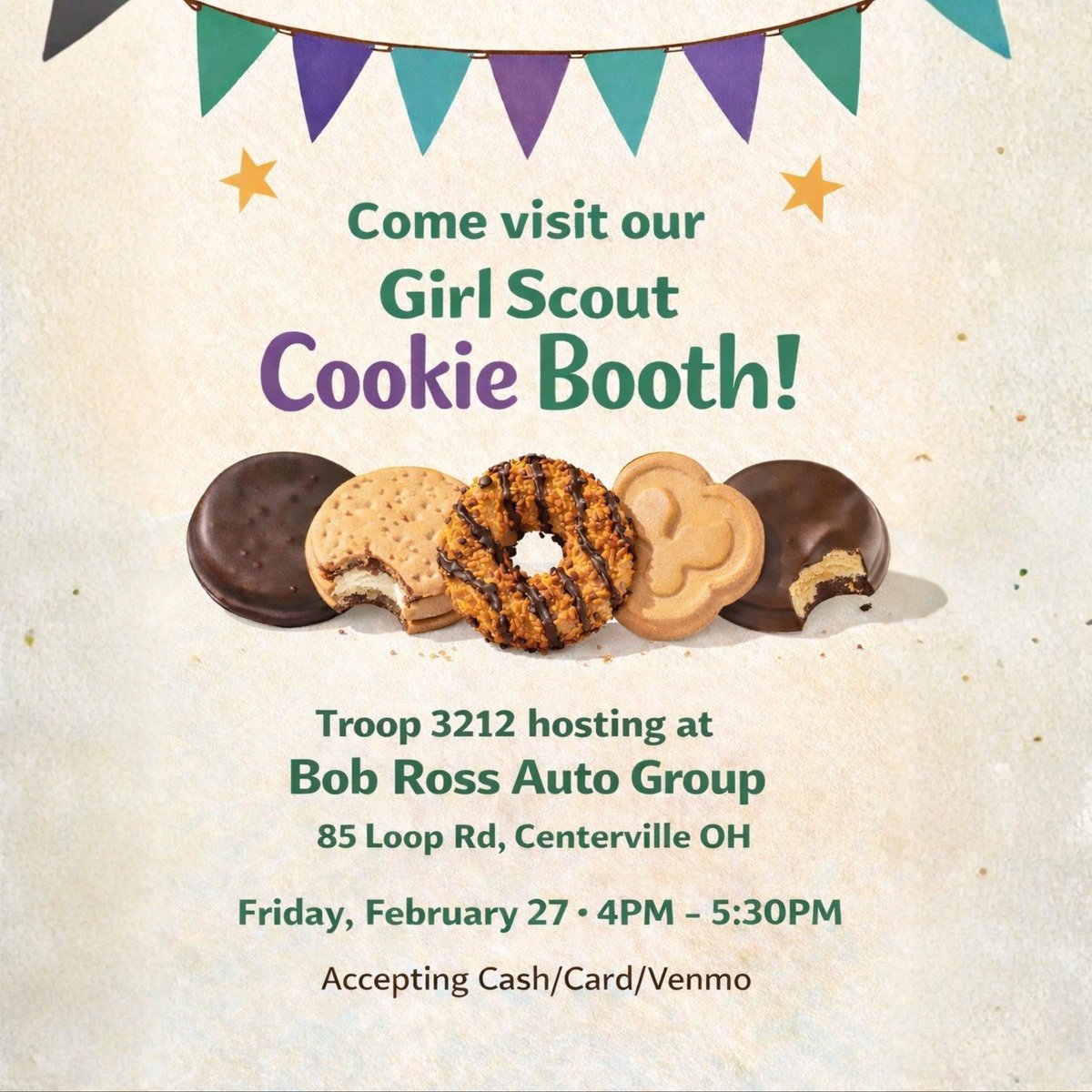 BobRossAuto's tweet image. 🍪 Support Girl Scout Troop 3212 at Bob Ross Auto Group, Feb 27, 4-5:30 PM! Grab cookies &amp;amp; help future leaders! #BobRossAutoGroup #CommunityDriven #GirlScouts #CentervilleOH #MiamiValley #SupportLocal