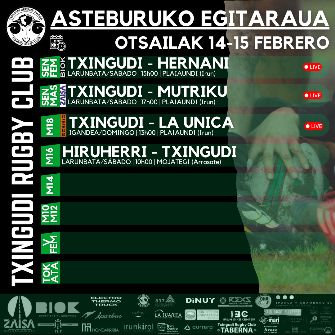 txingudirugby's tweet image. Asteburuko egitaraua | Programa del fin de semana

#rugby #txingudi