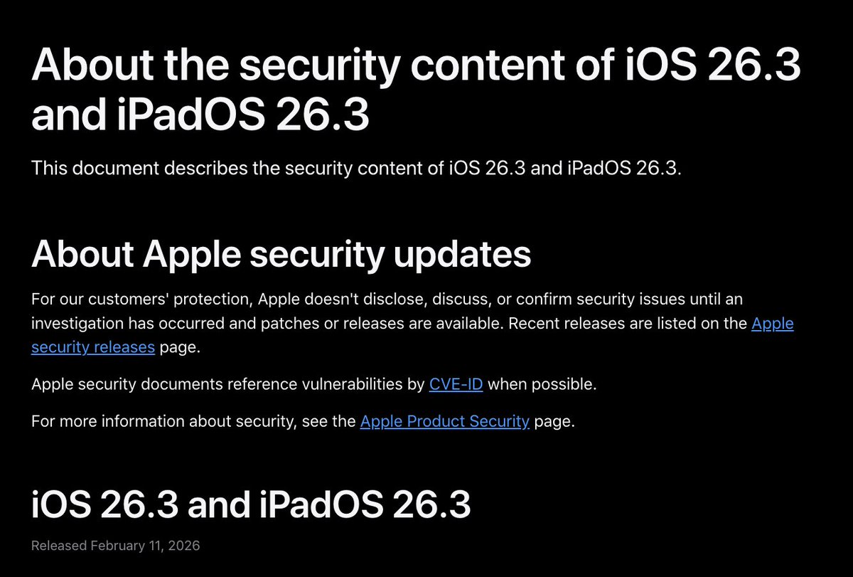 _deven___'s tweet photo. Today - About the security content of iOS 26.3 and iPadOS 26.3 (Feb 11 2026)

https://t.co/gdoa4QNAZq https://t.co/oWCO1JHTmK