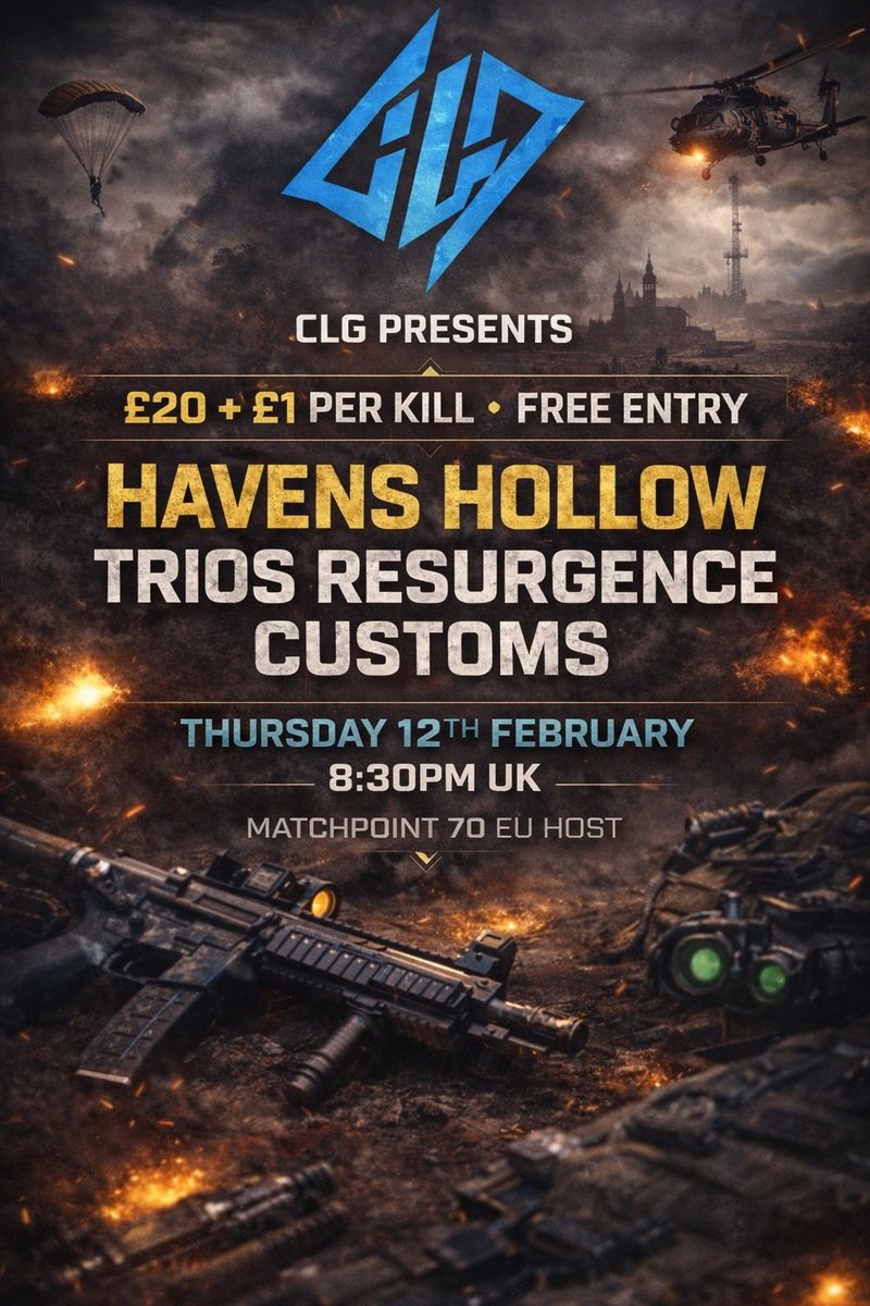 TOMORROW.

Havens Hollow Trio Resurgence Customs
🎟: FREE ENTRY
🕗: 8:30PM GMT
✍️: 70 MP - Live Tracked
🌎: EU HOST
£20 PRIZE + £1 PER KILL
COMMENT FOR A SPOT OR JOIN DISCORD IN BIO