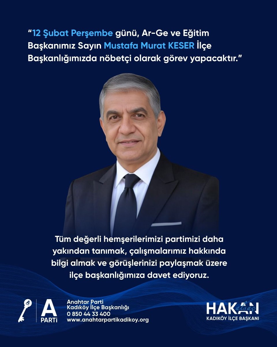 apartikadikoy's tweet photo. 12 Şubat Perşembe günü, Ar-Ge ve Eğitim Başkanımız Sayın Murat KESER İlçe Başkanlığımızda nöbetçi olarak görev yapacaktır.Tüm hemşerilerimizi partimizi daha yakından tanımak, çalışmalarımız hakkında bilgi almak ve görüşlerinizi paylaşmak üzere ilçe başkanlığımıza davet ediyoruz. https://t.co/45TkW3cVDD