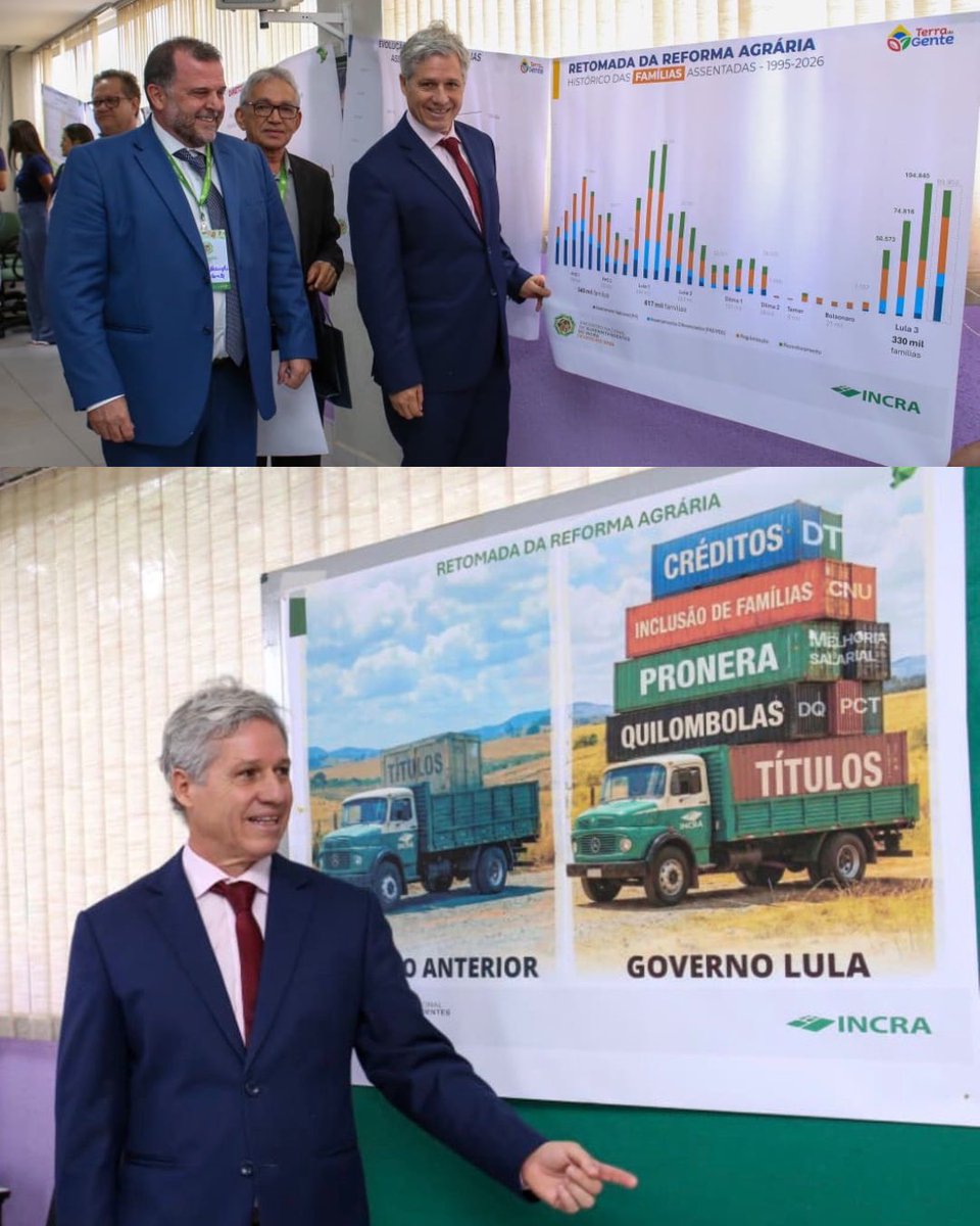 Os números e as imagens não mentem: no governo <a href="/LulaOficial/">Lula</a> o <a href="/mdagovbr/">MDA</a> e o <a href="/Incra_oficial/">Incra</a> fazem muito mais que no governo anterior. Fizemos mais titulação em 3 anos que o governo Bolsonaro no mesmo período. Além disso, teve mais crédito rural, volta do PAA, retomada da reforma