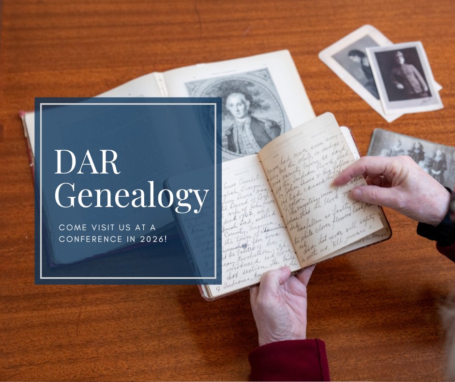 TodaysDAR's tweet photo. The DAR Genealogy Department is on the road in 2026, and may be in a town near you! Check out the conferences we are attending and be sure to stop by, chat with our expert genealogists, and explore tools and resources. Learn more here: https://t.co/Os8fjdTj8e https://t.co/2R4EcwjnJu