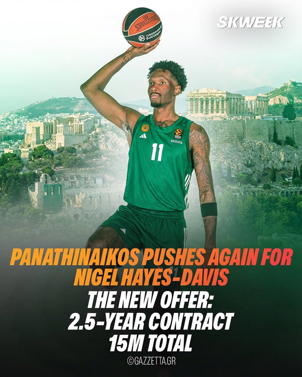 SkweekSports's tweet photo. 💣👀 Transfer battle heating up in Europe…

Panathinaikos is pushing again for Nigel Hayes-Davis after he turned down the Greek club’s first proposal, as reported by https://t.co/EkW56IcRwl

Here’s the new offer on the table:
📄 2.5-year contract
💰 $15M total package

Meanwhile, Nigel Hayes-Davis has also refused Fenerbahçe’s latest offer.

Big decision coming for one of the most dominant forwards in Europe.

Stay tuned. 🍿