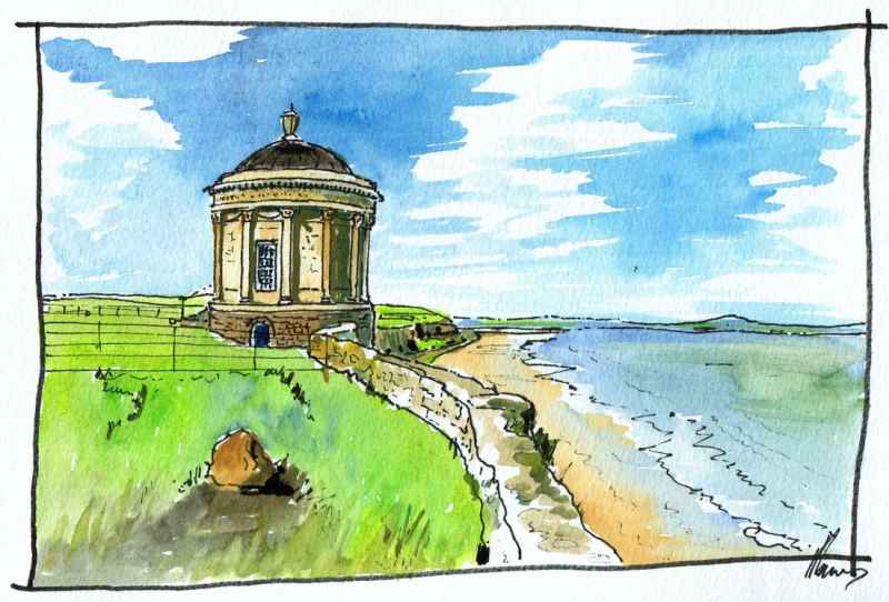 Marksoftime.com
Coleraine 28. The Mussenden Temple. 
Dramatically located, the Mussenden Temple has a motto: ‘SAUVE MARI MAGNO TURBANTIBUS AEQUORA VENTIS’ – ‘Tis pleasant to watch from land the great struggling of others when winds whip up the waves on a mighty sea’.