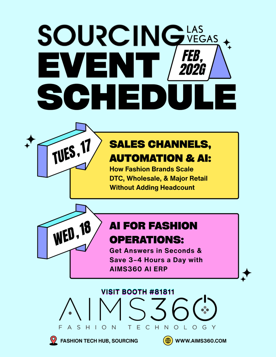 AIMS360's tweet photo. The MAGIC speaking events schedule just dropped, &amp; we’re excited to officially share what AIMS360 is hosting at SOURCING at MAGIC Las Vegas.

Join us at the Fashion Tech Hub for two sessions focused on modernizing fashion operations across sales channels with automation &amp; AI. https://t.co/6mgHvhxeV4