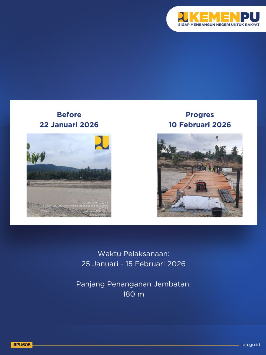 KemenPU's tweet photo. Pekerjaan yang dilaksanakan pada 25 Januari–15 Februari 2026 ini menjadi langkah cepat pemerintah untuk memastikan akses masyarakat kembali normal, sekaligus menjadi solusi jangka panjang ketahanan infrastruktur terhadap risiko bencana hidrometeorologi di masa mendatang.

@pco_ri

#PU608
#SigapMembangunNegeriUntukRakyat